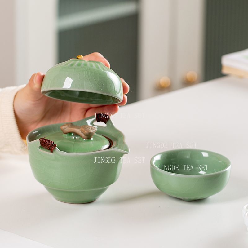 Celadon Ceramic Cup - Celadon Crackle Glaze Travel Tea Set